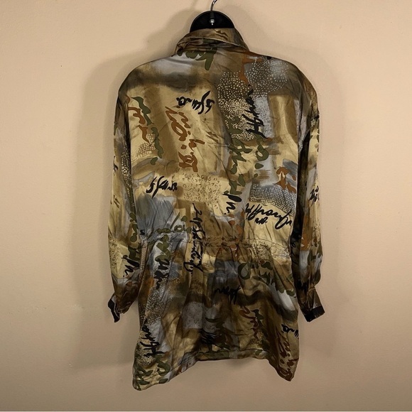 LARGE VINTAGE COREY B SILK JACKET BEIGE BROWN ABSTRACT PRINT LONG SLEEVE 90s - Picture 5 of 11